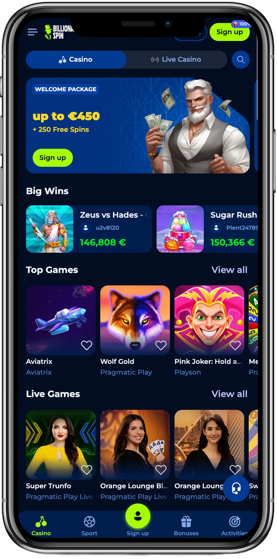 billionaire spin casino bonus